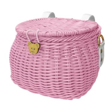 Imagem de Conjunto de cesta de bicicleta infantil, cesta de triciclo de scooter, cesta infantil finamente tecida com tampa alça de ombro cesta de guidão frontal cesta de vime para guidão infantil cesta de