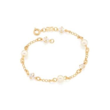 Imagem de Pulseira rommanel banhado ouro 18k feminina pedra cristal e pérola 19c