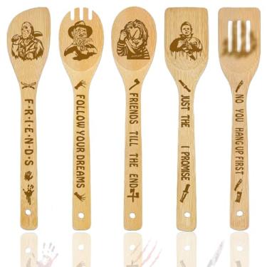 Imagem de OPPKEPT Presentes de Decoração de Mercadorias de Filmes de Terror Colheres de Madeira para Cozinhar, Conjunto de Utensílios de Cozinha de Bambu Natural com 5 Pacotes para Decorações de Festas de Fim d