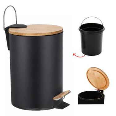 Imagem de Lixeira De Pedal Tampa Bambu C/ Amortecedor 5 Litros Preta - Kadê