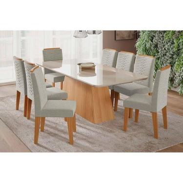 Imagem de Sala De Jantar Completa Helena C- Tampo Madeirado C- Vidro 210x100 Cm E 8 Cadeiras Clarice Nature-madeirado-linho Bege - Cimol