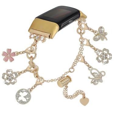 Imagem de PENKEY Pulseira de metal compatível com Fitbit Charge 6/Fitbit Charge 5, pulseiras femininas, pingentes elegantes compatíveis com Fitbit Charge 6/Charge 5 Fitness Tracker, flor borboleta