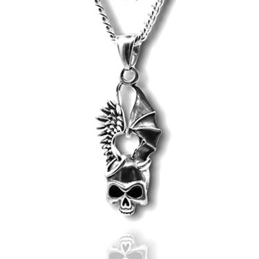 Imagem de Colar de espada de caveira punk retrô gótico anjo cabeça de demônio através do coração espada crânio colar de coração sagrado colar de pingente de aço inoxidável personalidade joias de halloween para homens mulheres, Aço inoxidável, aço inoxidável