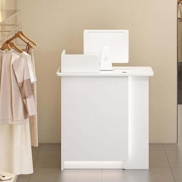 Imagem de Mesa de recepção, balcão de recepção de mesa frontal com luzes LED, gaveta com trava e armário de armazenamento, balcão de caixa de varejo para lobby loja de roupas escritório, branco + branco, 100 cm
