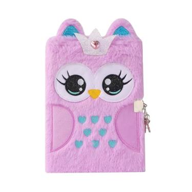 Imagem de BOLLEY JOSS Caderno fofo de coruja de desenho animado fofo de pelúcia diário secreto com cadeado e chaves bloco de escrita felpudo A5 forrado com 152 páginas
