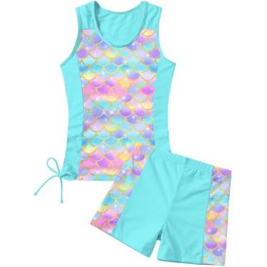 Imagem de RAISEVERN Tanquíni de duas peças para meninas, roupa de banho de verão, short de praia, modesto, roupa de banho para 7 a 12 anos, 01 - sereia 02, 11-12 Anos