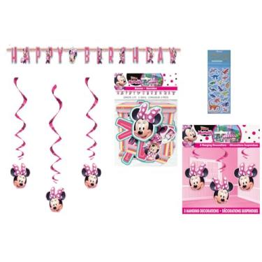 Imagem de Conjunto de decoração de suprimentos para festa de aniversário da Minnie Mouse inclui capa de mesa, banner de feliz aniversário, decoração de espiral pendurada