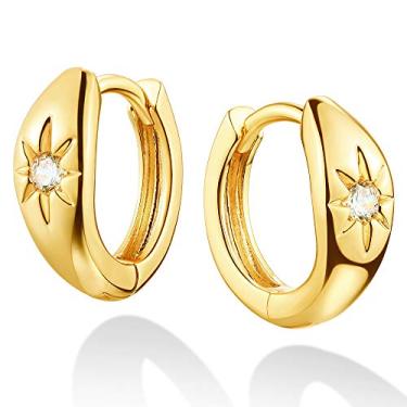Imagem de Dremmy Studios Brincos de argola delicados CZ Huggie banhados a ouro 14 K, grosso, simples, fofo, redondo, babado, bola, starburst, brincos de argola de zircônia cúbica, presente personalizado