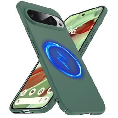 Imagem de GRECAZO Capa magnética fina para Google Pixel 9 Pro/Pixel 9 [compatível com Magsafe] Capa rígida ultrafina leve durável minimalista fosca à prova de choque anel antiderrapante verde escuro