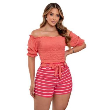 Imagem de Short Listrado Feminino Rosa e Blusinha Ombro a Ombro - Fortaleza Jean