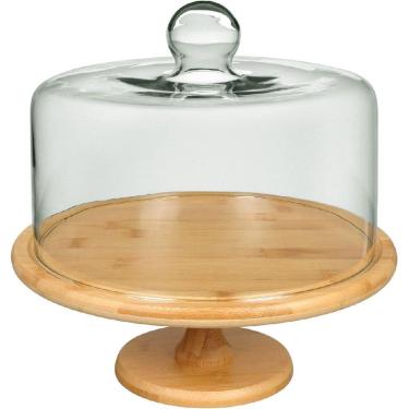 Imagem de PRATO BOLO BOLEIRA REDONDO COM PÉ HOME&CO TAMPA VIDRO BAMBU 29x28x28cm