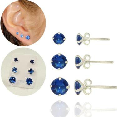 Imagem de Trio Brinco Redondo Pedra Zirconia Azul Royal Prata Legitima - Lojas L
