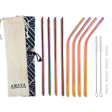 Imagem de Reusable Straws Set, Stainless Steel Metal, Colorful, Includes 8 Straws, 4 Silicone Tips, 2 Cleaning Brushes, and 2 Travel Pouches, Draw String Bag and Wrap Bag for Hot & Cold Drinks