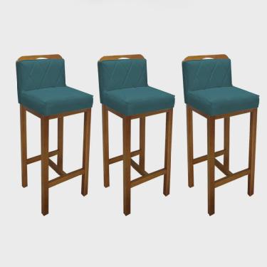 Imagem de Kit 03 Banqueta Alta Com Encosto Simon Cozinha Balcão Bistrô Base Madeira Rústico Suede Azul Turquesa - Ahz Móveis