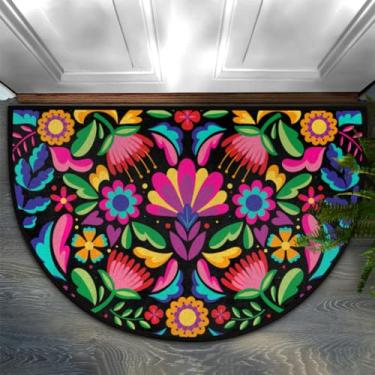 Imagem de GISPOG Tapete de porta meio redondo com flores mexicanas, tapete de entrada interna, tapete de área semicircular, tapetes de cozinha antiderrapantes e absorventes, tapete de lavanderia 61 cm x 91 cm