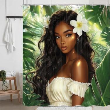 Imagem de Xiaoput Cortina de chuveiro feminina afro-americana - Conjunto de banheiro feminino sexy para meninas negras, boêmio, minimalista, verão, verde, planta tropical, folhas de palmeira, selva com ganchos