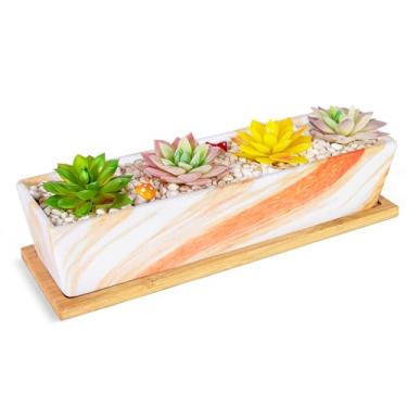 Imagem de Vasos de suculentas – Vasos grandes para suculentas de 30 cm com bandeja de drenagem, plantador de peitoril de janela, vasos de cerâmica retangulares longos para cactos de interior/plantas suculentas