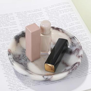 Imagem de Amaauto Prato de joias de travertino real, bandeja de mármore de 14 cm, prato de bugiganga para brinco, presente para mulheres (Calacatta Viola)