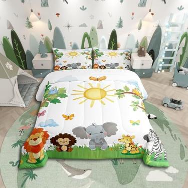 Imagem de Erosebridal Jogo de cama solteiro com tema de zoológico, elefante leão, girafa, zebra, borboleta, pássaro, selva, selva, vida selvagem, edredom