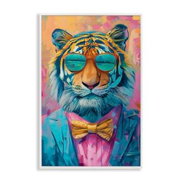 Imagem de Stupell Industries Arte Giclée Emoldurada de Tigre Snazzy Branco Sorridente, design por LSR Design Studio, 40,6 x 61 cm