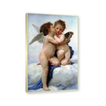Imagem de NHLDZYH Moldura dourada champanhe. Impressões de arte William Adolphe Bouguereau - Pintura de retrato - (Cupido e Psique) - Pôster temático de mitologia grega - Pôster de decoração de parede vintage