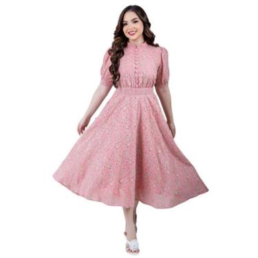 Imagem de Vestido De Lese Midi Feminino Gola Alta Com Botão Manga Princesa - Kop