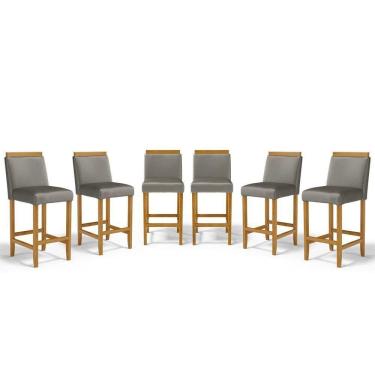 Imagem de Kit Com 6 Banquetas Eloá Madeira Maciça Assento Estofado Para Bancada Veludo Chumbo 109