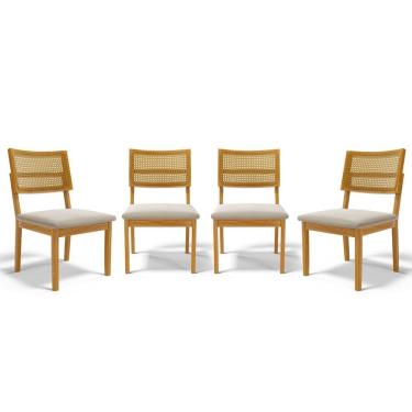 Imagem de Kit Com 4 Cadeiras Aline Madeira Maciça Assentos Estofados Encostos De Tela Palha Sextavada