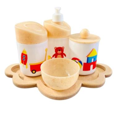 Imagem de Kit Higiene Baby Brinquedos Menino e Menina c/bandeja em MDF (Nuvem Crua/madeira)