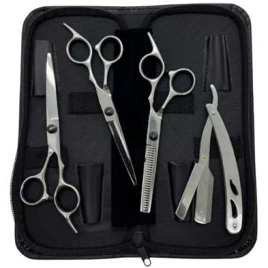 Imagem de Kit 3 Tesouras Fio Navalha Desfiadeira Profissionais Para Cabeleireiro/Barbeiro (Prata)