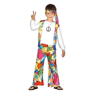 Imagem de Fantasia Infantil Hippie Anos 70 e 60 Roupa Colorida Completa pra Carnaval e Festas Menino ou Menina (Amarelo, M 5-6)