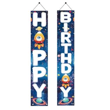 Imagem de Starlit Patio 2 peças, faixa suspensa para varanda de feliz aniversário, placa de varanda, foguete, planeta, decorações de festa, artigos de festa de aniversário, pendurar na parede para meninos