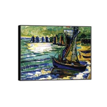 Imagem de MUHJDYC Pintura famosa de Hermann Max Pechstein - Midday on Lake-Canvas Artwork Picture - Arte de parede para sala de estar - Reprodução 60x80cm-23x31in moldura preta