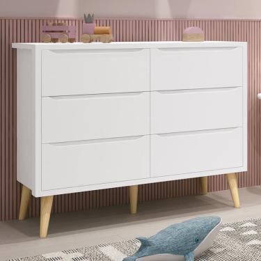Imagem de Cômoda Infantil Theo 6 Gavetas com Pés Madeira Natural - Reller Móveis Branco Fosco