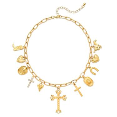 Imagem de YUJIE Colar feminino com pingente de vaqueira ocidental, banhado a ouro, corrente grossa, bota de caubói, pingente de cruz para amantes da moda country