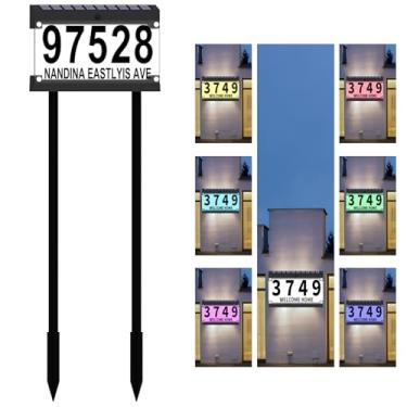 Imagem de IVWVI Números de endereço solar de acrílico para casa, placa de endereço com estacas duplas, à prova d'água RGBW que muda de cor, placa de endereço moderna iluminada alimentada por energia solar para