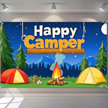 Imagem de HOMETITUTE Banner de fundo Happy Camper Decorações de festa temáticas de acampamento 188 x 109 cm decoração de reuniões de barraca de acampamento de família floresta aventura fogueira foto banner de