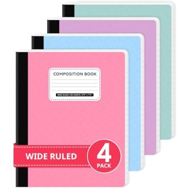 Imagem de Taja Caderno de composição pautado largo, pacote com 4 livros de composição estética, 24 cm x 19 cm, 160 páginas (80 folhas), perfeito para material de escritório escolar, cores pastel