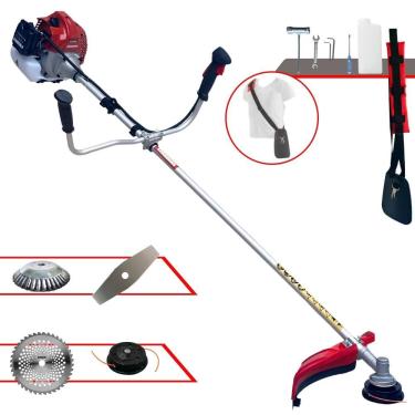 Imagem de Roçadeira À Gasolina Kawashima BCJ431-L 43cc 1,7HP 10.000rpm Motor 2T Com Lâmina Facão + Lâmina 40 Dentes Vídea + Escova de Aço + Carretel de Nylon