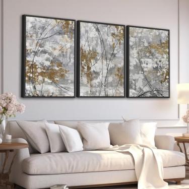 Imagem de Arte de parede abstrata emoldurada grande - Impressões de pintura geométrica rústica 61 cm x 91 cm Conjunto de 3 imagens modernas cinza marrom arte contemporânea em tela para sala de estar, quarto
