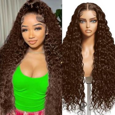 Imagem de Perucas de cabelo humano ondulado ondulado marrom chocolate densidade 220 13x4 HD perucas frontais de renda profunda para mulheres negras pré-arrancadas molhadas e onduladas sem cola 4# cor marrom 50