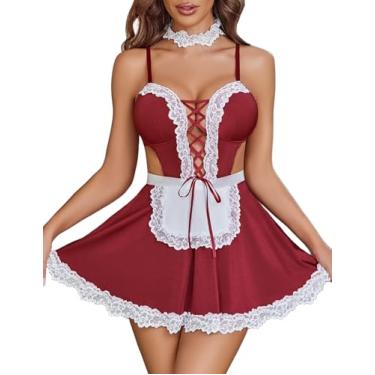 Imagem de Avidlove Lingerie sexy para mulheres, lingerie sexy de renda contrastante, vestido de empregada doméstica, conjunto de fantasias de Halloween