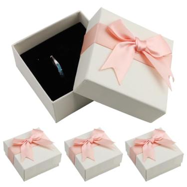 Imagem de Roucerlin 4 caixas de presente brancas de papelão de 7 cm x 7 cm com laço de fita, caixa de anel de papel rígido quadrada para brincos, aniversários, casamentos