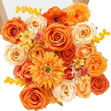 Imagem de Serwalin Flores artificiais de outono, flores de seda laranja queimadas com hastes, flores de girassóis falsas, conjunto de caixa para casamento, casamento, chá de bebê, festa faça você mesmo