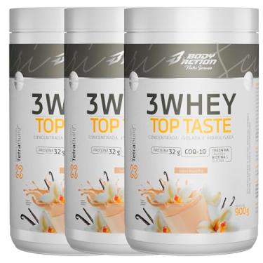 Imagem de BODYACTION - 3Whey Top Taste - Whey Protein Concentrado/Isolado/Hidrolisado - 32g de Proteína por Dose, Suplementação Alimentar Pós-Treino, Fórmula Enriquecida com BCAAs - Adoçado com Stevia - Suplemento Alimentar - Fonte de Proteínas e Carboidratos - Kit 3un - Pote 900g (3 Potes - 900g, Baunilha)