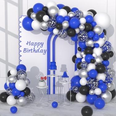 Imagem de Kit de arco de guirlanda de balão azul, preto e branco, azul real, branco, preto, balões metálicos de confetes prateados para formatura, jogos, aniversário, festa de aposentadoria, decorações de festa