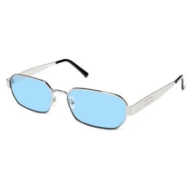 Imagem de YOGFIT Óculos de sol polarizados modernos para mulheres e homens, óculos de sol retrô quadrados hexagonais com proteção UV400, Armação prateada/lente azul, 145 MM