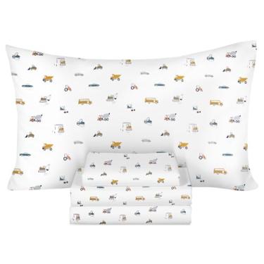 Imagem de Ivellow Jogo de lençol solteiro infantil 100% algodão natural, macio, respirável, durável, leve, crocante, percal, 40,6 cm, com bolso profundo, escavadeira, carro, estampado, roupa de cama de solteiro