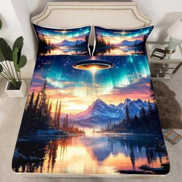 Imagem de Manfei Lençol casal com elástico de nave espacial, 3 peças, coleções de pinheiros naturais da selva (sem lençol de cima), estampa de nave espacial alienígena neon aurora, bolso profundo para crianças