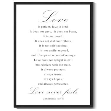 Imagem de KUVIOKE Arte de parede emoldurada cristã Patient Love is Kind 1 Corinthians 13:4-8 Impressões Rústicas Escrituras Positivas Escritório Casa Pronto para Pendurar 28 x 35 cm (Moldura preta)